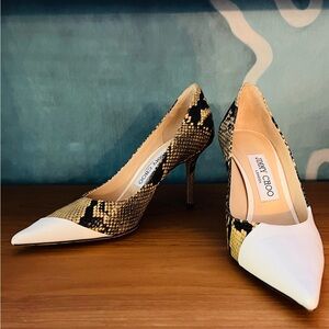 Jimmy Choo Python Print & White Leather Cap Toe Pumps EU 36 / US 6